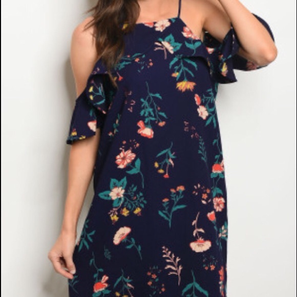Deep Navy Floral off shoulder dress - Picture 8 of 8